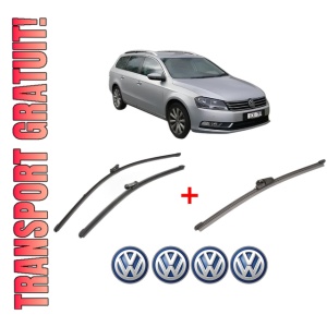 Set 3 stergatoare Volkswagen PASSAT B7 Estate Van (365) din 2010 - 2014, pentru parbriz si luneta fata si spate auto, Valeo Silencio Xtrm, din cauciuc siliconat rezistent, 4 Stickere Auto VW