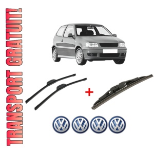 Set 3 stergatoare Volkswagen POLO (6N2) din 1999 - 2001, pentru parbriz si luneta fata si spate auto, Bosch Twin, din cauciuc siliconat rezistent, 4 Stickere Auto VW
