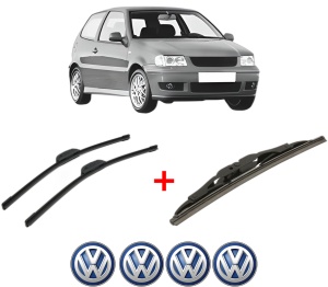 Set 3 stergatoare Volkswagen POLO (6N2) din 1999 - 2001, pentru parbriz si luneta fata si spate auto, Bosch Twin, din cauciuc siliconat rezistent, 4 Stickere Auto VW v3683