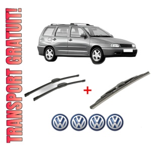 Set 3 stergatoare Volkswagen POLO Variant (6V5) din 1997 - 2001, pentru parbriz si luneta fata si spate auto, Bosch Twin, din cauciuc siliconat rezistent, 4 Stickere Auto VW