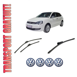 Set 3 stergatoare Volkswagen POLO VIVO Hatchback (6S1, 6S3) din 2010-2019, pentru parbriz si luneta fata si spate auto, Bosch Aerotwin-Aerotwin, din cauciuc siliconat rezistent, 4 Stickere Auto Volkswagen
