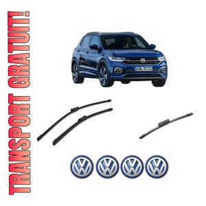 Set 3 stergatoare Volkswagen T-CROSS (C11, D31) din 2018-2020, pentru parbriz si luneta fata si spate auto, Bosch Aerotwin-Aerotwin, din cauciuc siliconat rezistent, 4 Stickere Auto Volkswagen