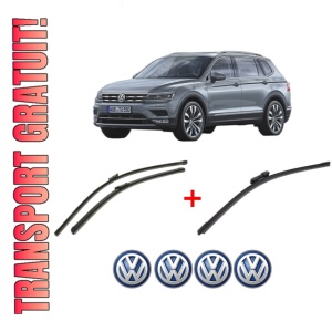 Set 3 stergatoare Volkswagen TIGUAN ALLSPACE (BW2, BJ2) din 2017 - 2021, pentru parbriz si luneta fata si spate auto, Bosch Aerotwin, din cauciuc siliconat rezistent, 4 Stickere Auto VW