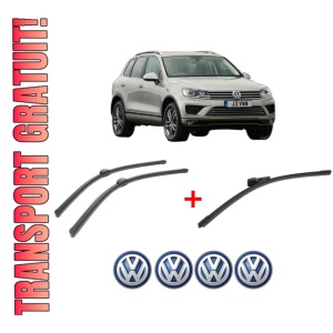 Set 3 stergatoare Volkswagen TOUAREG (7P5, 7P6) din 2010 - 2018, pentru parbriz si luneta fata si spate auto, Bosch Aerotwin, din cauciuc siliconat rezistent, 4 Stickere Auto VW
