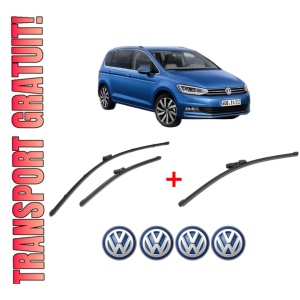 Set 3 stergatoare Volkswagen TOURAN (5T1) din 2015 - 2022, pentru parbriz si luneta fata si spate auto, Valeo Silencio Xtrm, din cauciuc siliconat rezistent, 4 Stickere Auto VW