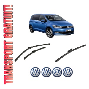 Set 3 stergatoare Volkswagen TOURAN (5T1) din 2015-2022, pentru parbriz si luneta fata si spate auto, Bosch Twin-Aerotwin, din cauciuc siliconat rezistent, 4 Stickere Auto Volkswagen