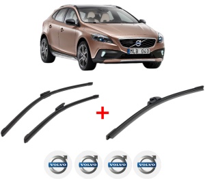 Set 3 stergatoare VOLVO V40 Cross Country (526) din 2012 - 2019, pentru parbriz si luneta fata si spate auto, Bosch Aerotwin, din cauciuc siliconat rezistent, 4 Stickere Auto VOLVO v6563