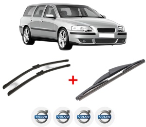 Set 3 stergatoare VOLVO V70 II (285) din 1999 - 2008, pentru parbriz si luneta fata si spate auto, Bosch Twin, din cauciuc siliconat rezistent, 4 Stickere Auto VOLVO v6683