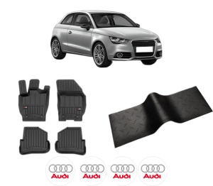 Set 5 covorase auto AUDI A1 (8X1, 8XK) din 2000-2010, cu covoras tunel median, presuri auto din cauciuc, 4x Stickere auto cu AUDI - Img 2