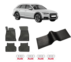 Set 5 covorase auto AUDI A4 Allroad B9 (8WH, 8WJ) din 2015-2020, cu covoras tunel median, presuri auto din cauciuc, 4x Stickere auto cu AUDI - Img 2