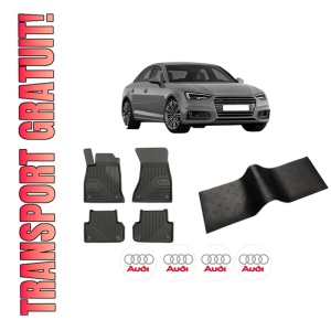 Set 5 covorase auto AUDI A4 B9 (8W2, 8WC) din 2008-2017, cu covoras tunel median, presuri auto din cauciuc, 4x Stickere auto cu AUDI