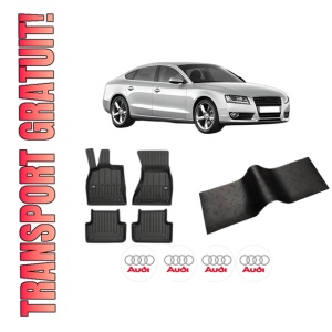 Set 5 covorase auto AUDI A5 Sportback (8TA) din 2013-2018, cu covoras tunel median, presuri auto din cauciuc, 4x Stickere auto cu AUDI