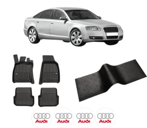 Set 5 covorase auto AUDI A6 C6 (4F2) din 2008-2017, cu covoras tunel median, presuri auto din cauciuc, 4x Stickere auto cu AUDI - Img 2