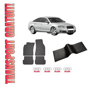 Set 5 covorase auto AUDI A6 C6 (4F2) din 2008-2017, cu covoras tunel median, presuri auto din cauciuc, 4x Stickere auto cu AUDI