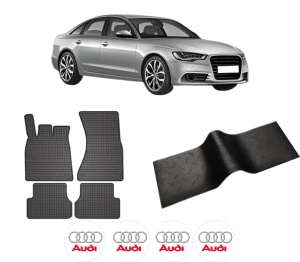 Set 5 covorase auto AUDI A6 C7 (4G2, 4GC) din 2015-2022, cu covoras tunel median, presuri auto din cauciuc, 4x Stickere auto cu AUDI - Img 2