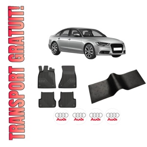 Set 5 covorase auto AUDI A6 C7 (4G2, 4GC) din 2015-2022, cu covoras tunel median, presuri auto din cauciuc, 4x Stickere auto cu AUDI