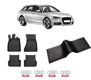 Set 5 covorase auto AUDI A6 C7 Avant (4G5, 4GD) din 2015-2022, cu covoras tunel median, presuri auto din cauciuc, 4x Stickere auto cu AUDI - Img 2