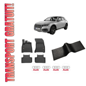 Set 5 covorase auto AUDI Q5 (FYB, FYG) din 2010-2014, cu covoras tunel median, presuri auto din cauciuc, 4x Stickere auto cu AUDI