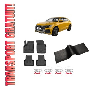 Set 5 covorase auto AUDI Q8 (4MN, 4MT) din 2011-2015, cu covoras tunel median, presuri auto din cauciuc, 4x Stickere auto cu AUDI