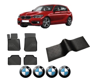 Set 5 covorase auto BMW Seria 1 (F20) din 2011-2019, cu covoras tunel median, presuri auto din cauciuc, 4x Stickere auto cu BMW - Img 2