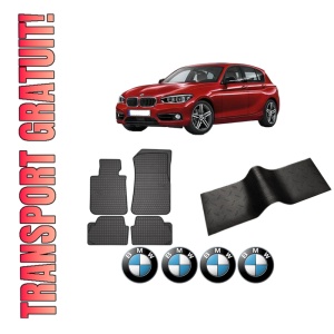 Set 5 covorase auto BMW Seria 1 (F20) din 2011-2019, cu covoras tunel median, presuri auto din cauciuc, 4x Stickere auto cu BMW