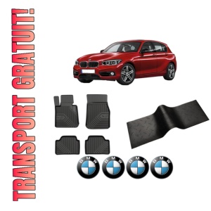 Set 5 covorase auto BMW Seria 1 (F20) din 2011-2019, cu covoras tunel median, presuri auto din cauciuc, 4x Stickere auto cu BMW