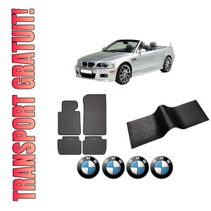 Set 5 covorase auto BMW Seria 3 Compact (E46) din 2015-2023, cu covoras tunel median, presuri auto din cauciuc, 4x Stickere auto cu BMW