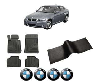 Set 5 covorase auto BMW Seria 3 (E90) din 1998-2010, cu covoras tunel median, presuri auto din cauciuc, 4x Stickere auto cu BMW - Img 2