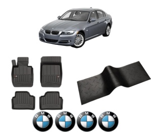Set 5 covorase auto BMW Seria 3 (E90) din 1998-2010, cu covoras tunel median, presuri auto din cauciuc, 4x Stickere auto cu BMW - Img 2