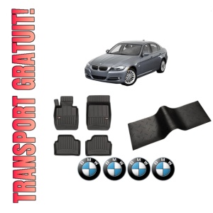 Set 5 covorase auto BMW Seria 3 (E90) din 1998-2010, cu covoras tunel median, presuri auto din cauciuc, 4x Stickere auto cu BMW