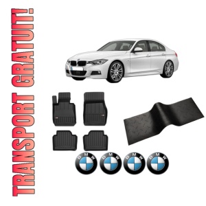 Set 5 covorase auto BMW Seria 3 (F30, F80) din 2006-2015, cu covoras tunel median, presuri auto din cauciuc, 4x Stickere auto cu BMW