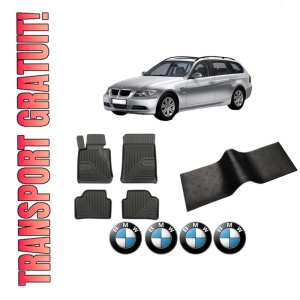 Set 5 covorase auto BMW Seria 3 Touring (E91) din 2008-2018, cu covoras tunel median, presuri auto din cauciuc, 4x Stickere auto cu BMW