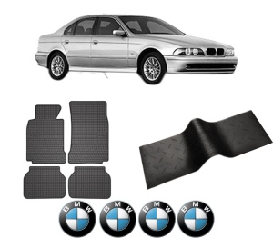Set 5 covorase auto BMW Seria 5 (E39) din 2016-2020, cu covoras tunel median, presuri auto din cauciuc, 4x Stickere auto cu BMW - Img 2