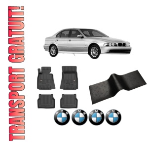 Set 5 covorase auto BMW Seria 5 (E39) din 2016-2020, cu covoras tunel median, presuri auto din cauciuc, 4x Stickere auto cu BMW