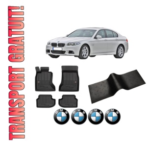 Set 5 covorase auto BMW Seria 5 (F10) din 2018, cu covoras tunel median, presuri auto din cauciuc, 4x Stickere auto cu BMW