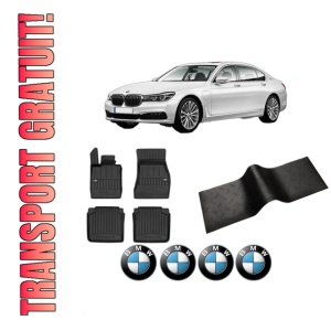 Set 5 covorase auto BMW Seria 7 (G11, G12) din 2007-2018, cu covoras tunel median, presuri auto din cauciuc, 4x Stickere auto cu BMW