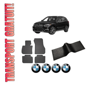 Set 5 covorase auto BMW Seria X1 (F48) din 2014-2022, cu covoras tunel median, presuri auto din cauciuc, 4x Stickere auto cu BMW
