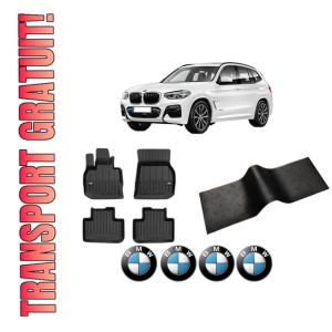 Set 5 covorase auto BMW Seria X3 (G01, F97, G08) din 2007-2015, cu covoras tunel median, presuri auto din cauciuc, 4x Stickere auto cu BMW