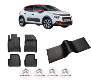 Set 5 covorase auto CITROEN C3 III (SX) din 2019-2023, cu covoras tunel median, presuri auto din cauciuc, 4x Stickere auto cu CITROEN - Img 2