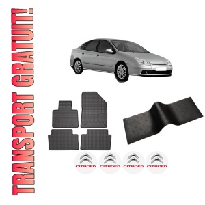 Set 5 covorase auto CITROEN C5 II (RC_) din 2002-2008, cu covoras tunel median, presuri auto din cauciuc, 4x Stickere auto cu CITROEN