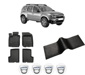 Set 5 covorase auto DACIA DUSTER (HS_) din 2010-2018, cu covoras tunel median, presuri auto din cauciuc, 4x Stickere auto cu DACIA - Img 2