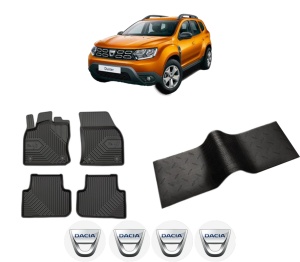Set 5 covorase auto DACIA DUSTER SUV Van din 2006-2014, cu covoras tunel median, presuri auto din cauciuc, 4x Stickere auto cu DACIA - Img 2