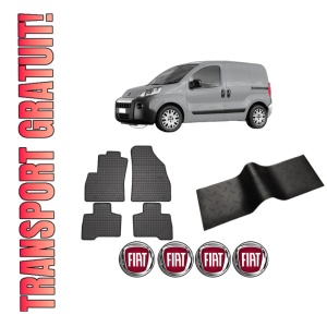 Set 5 covorase auto FIAT FIORINO Box Body/MPV (225_) din 2015-2022, cu covoras tunel median, presuri auto din cauciuc, 4x Stickere auto cu FIAT