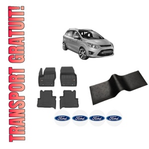 Set 5 covorase auto FORD C-MAX II (DXA/CB7, DXA/CEU) din 2007-2014, cu covoras tunel median, presuri auto din cauciuc, 4x Stickere auto cu FORD