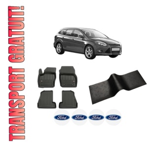 Set 5 covorase auto FORD FOCUS III Turnier din 2011-2015, cu covoras tunel median, presuri auto din cauciuc, 4x Stickere auto cu FORD