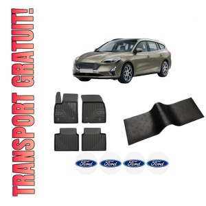 Set 5 covorase auto FORD FOCUS IV Turnier (HP) din 2004-2014, cu covoras tunel median, presuri auto din cauciuc, 4x Stickere auto cu FORD