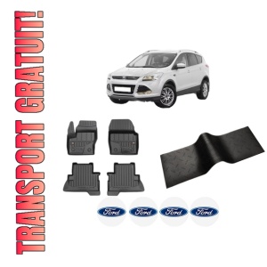 Set 5 covorase auto FORD KUGA II (DM2) din 2009-2020, cu covoras tunel median, presuri auto din cauciuc, 4x Stickere auto cu FORD