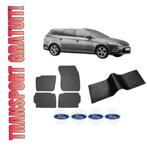 Set 5 covorase auto FORD MONDEO IV Van din 2004-2012, cu covoras tunel median, presuri auto din cauciuc, 4x Stickere auto cu FORD