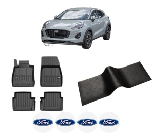 Set 5 covorase auto FORD PUMA (J2K, CF7) din 2009-2016, cu covoras tunel median, presuri auto din cauciuc, 4x Stickere auto cu FORD - Img 2