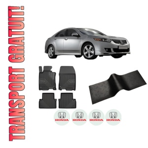 Set 5 covorase auto HONDA ACCORD VIII (CU) din 2012-2022, cu covoras tunel median, presuri auto din cauciuc, 4x Stickere auto cu HONDA
